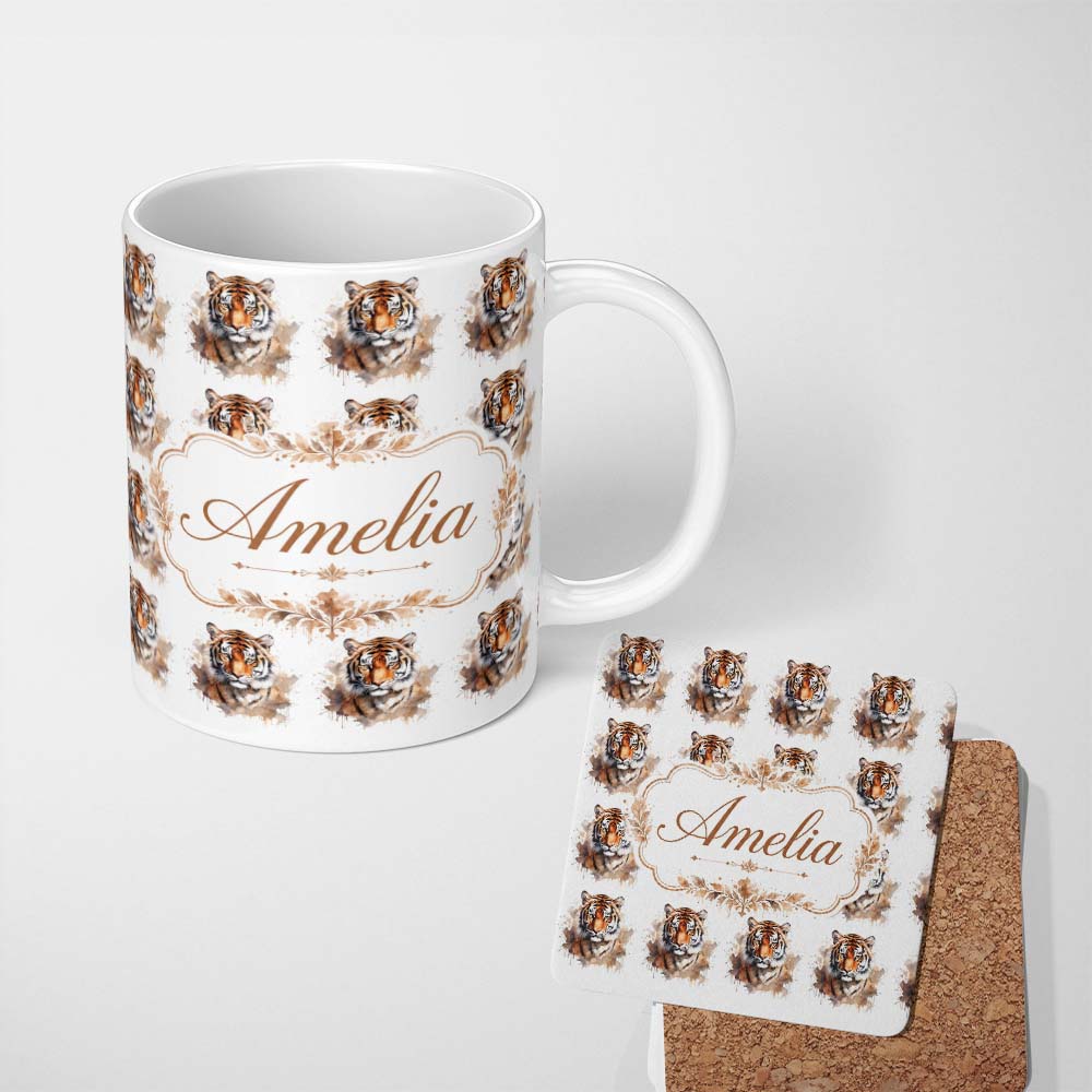 Personalized Custom Name Realistic Tiger Portrait Splash Art Seamless Pattern Lovely 11oz Ceramic Coffee Tea Mug White Large Handle