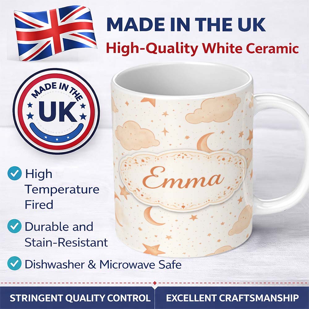 Personalized Custom Name Warm Neutral Moon Stars Clouds Nursery Seamless Pattern Lovely 11oz Ceramic Coffee Tea Mug White Large Handle