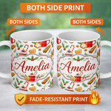 Personalized Custom Name Christmas Mug Cookies Candy Cane Cinnamon Seamless Pattern Lovely 11oz Ceramic Coffee Tea Mug White Large Handle
