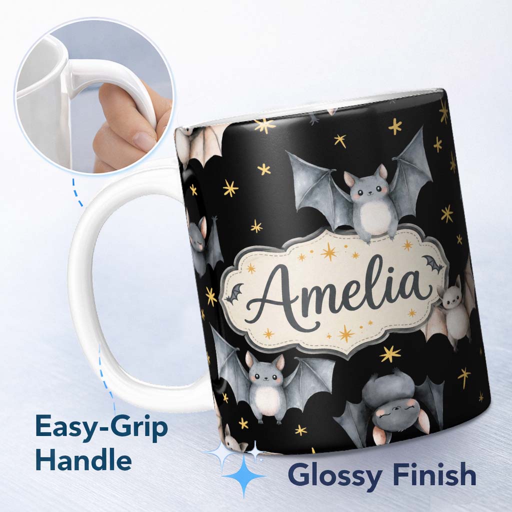 Personalized Custom Name Cute Baby Bats with Stars Night Sky Black Background Seamless 11oz Ceramic Coffee Tea Mug White Large Handle