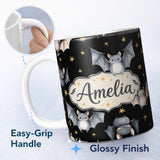 Personalized Custom Name Cute Baby Bats with Stars Night Sky Black Background Seamless 11oz Ceramic Coffee Tea Mug White Large Handle