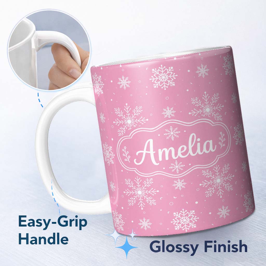 Personalized Custom Name Cute Pink Snowflakes Minimal Winter Seamless Pattern Lovely 11oz Ceramic Coffee Tea Mug White Large Handle