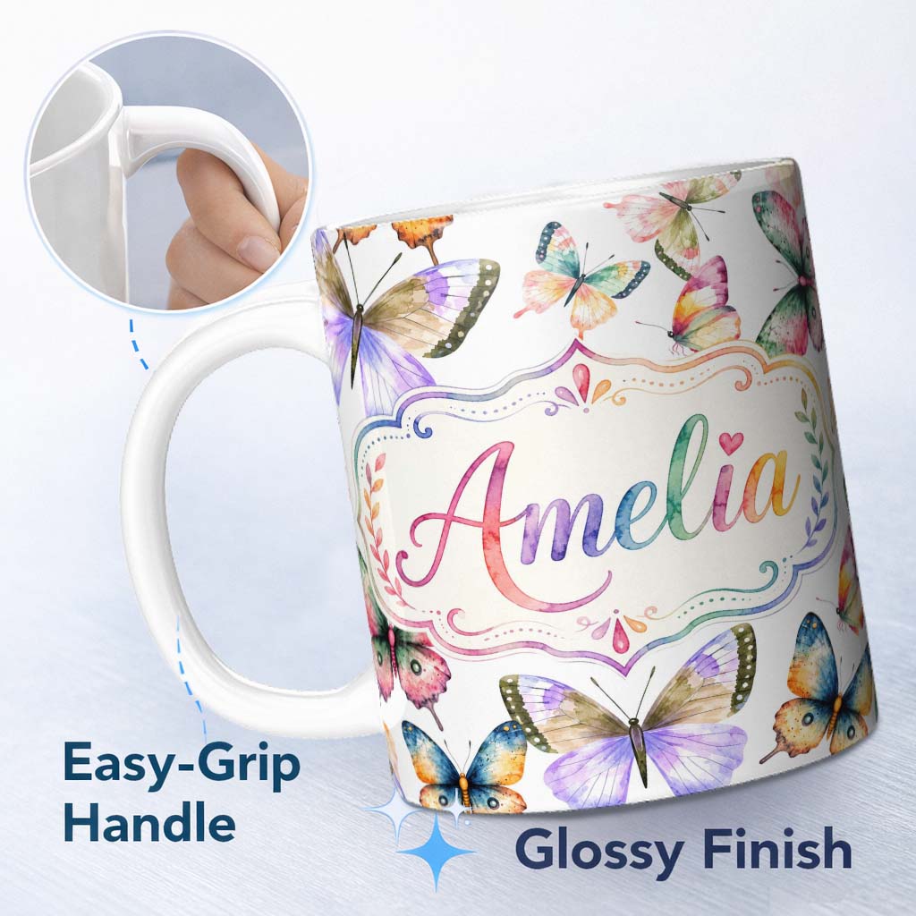 Personalized Custom Name Colorful Watercolor Butterflies on White Background Seamless 11oz Ceramic Coffee Tea Mug White Large Handle