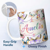 Personalized Custom Name Colorful Watercolor Butterflies on White Background Seamless 11oz Ceramic Coffee Tea Mug White Large Handle