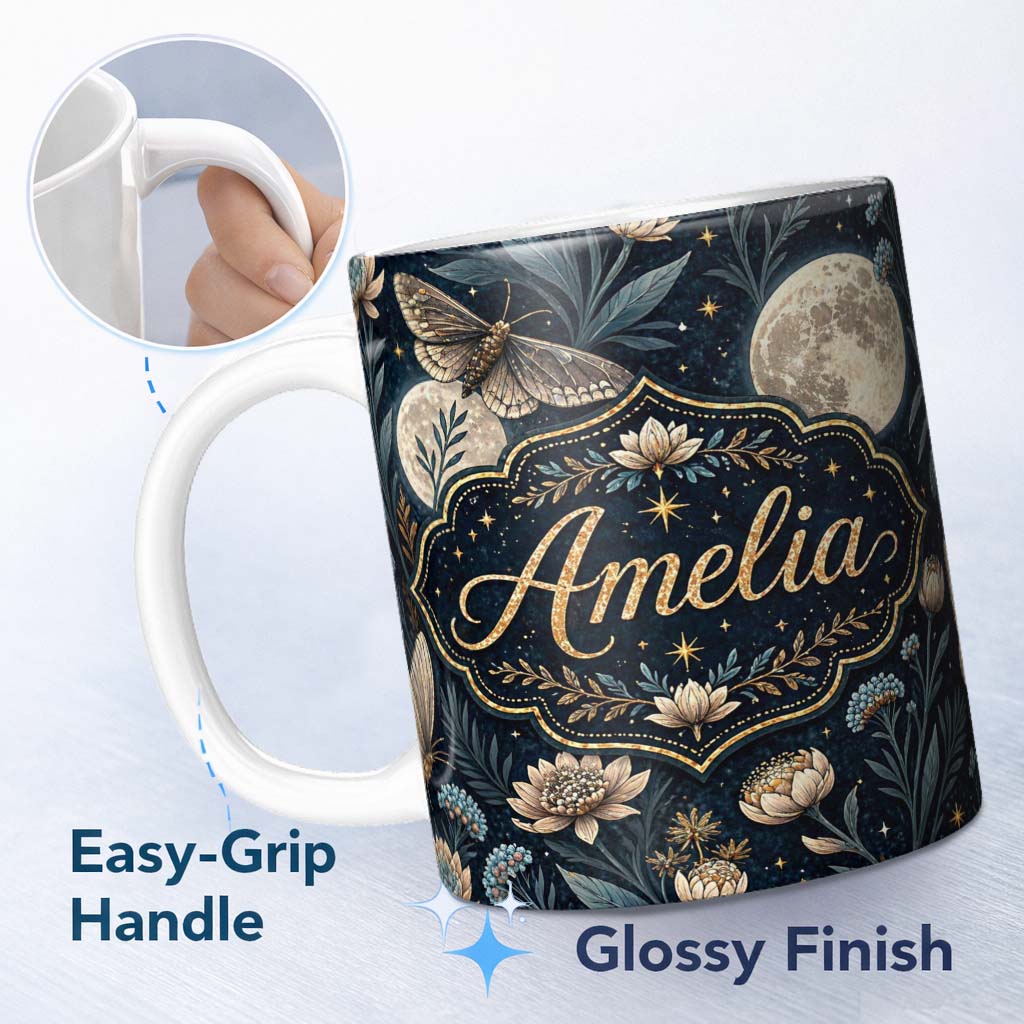 Personalized Custom Name Celestial Moth Full Moon Floral Night Seamless Pattern Lovely 11oz Ceramic Coffee Tea Mug White Large Handle