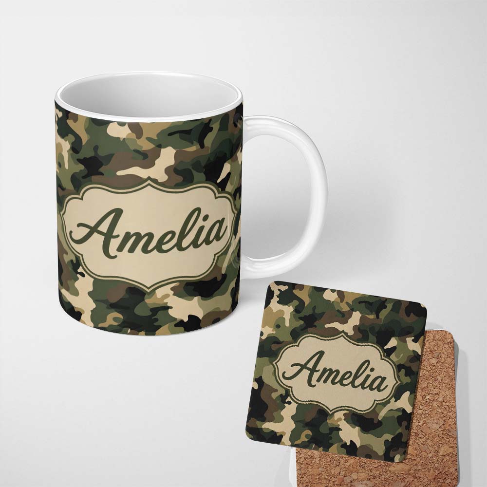 Personalized Custom Name Deep Forest Camouflage Seamless Pattern Stylish Everyday Mug Lovely 11oz Ceramic Coffee Tea Mug White Large Handle