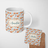 Personalized Custom Name Watercolor Picnic Basket Food and Bottle Seamless Pattern Lovely 11oz Ceramic Coffee Tea Mug White Large Handle