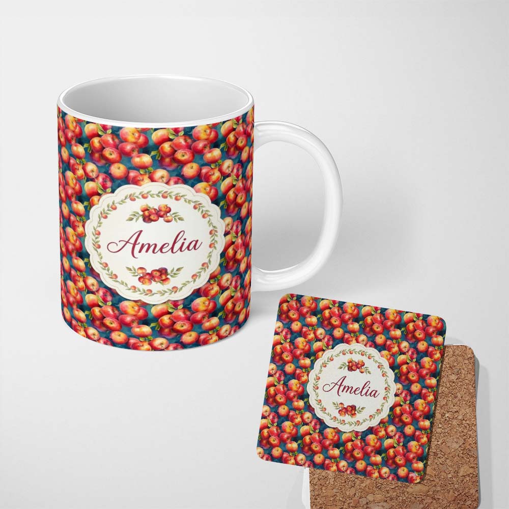 Personalized Custom Name Watercolor Red Apples with Deep Blue Background Seamless Pattern 11oz Ceramic Coffee Tea Mug White Large Handle