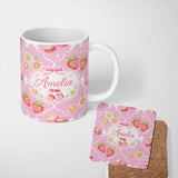 Personalized Custom Name Cute Strawberry Cherry Daisy Floral Bow Sweet Dessert Soft Pink 11oz Ceramic Coffee Tea Mug White Large Handle