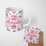 Personalized Custom Name Cute Pink Plant Pots Leaves Strawberry Seamless Pattern Light Grey 11oz Ceramic Coffee Tea Mug White Large Handle