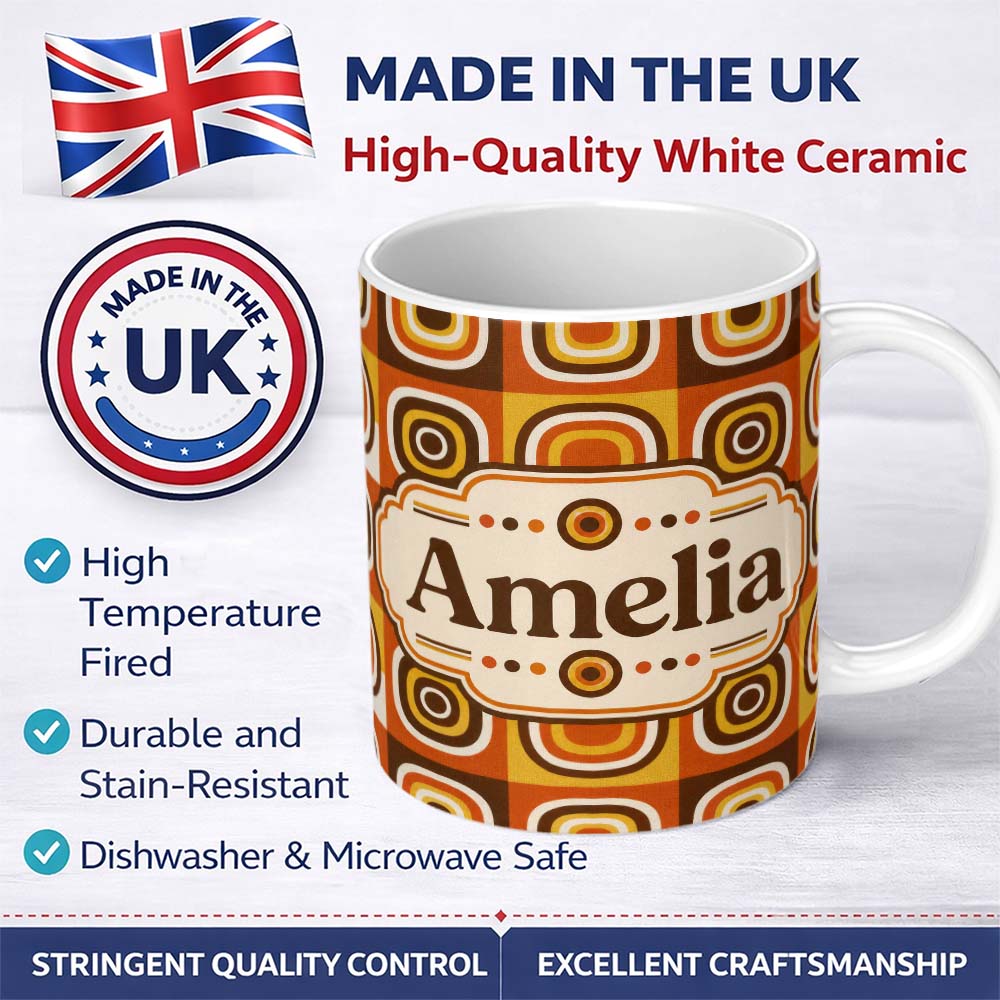 Personalized Custom Name Vintage Orange Brown Rounded Square Geometric Seamless Pattern 11oz Ceramic Coffee Tea Mug White Large Handle