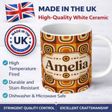 Personalized Custom Name Vintage Orange Brown Rounded Square Geometric Seamless Pattern 11oz Ceramic Coffee Tea Mug White Large Handle