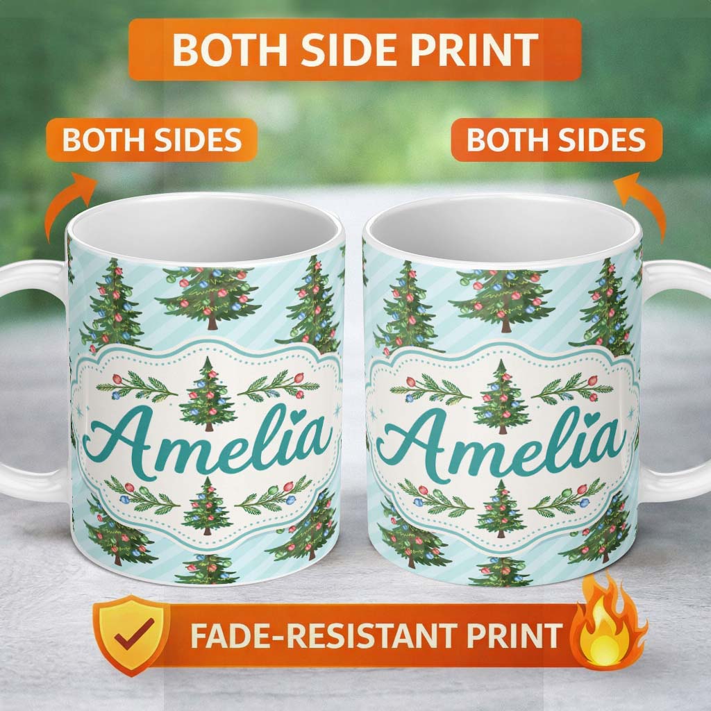 Personalized Custom Name Decorated Christmas Tree with Colorful Baubles on Blue Striped 11oz Ceramic Coffee Tea Mug White Large Handle