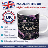 Personalized Custom Name Night Sky Botanical Celestial Mixed Elements Seamless Pattern Lovely 11oz Ceramic Coffee Tea Mug White Large Handle