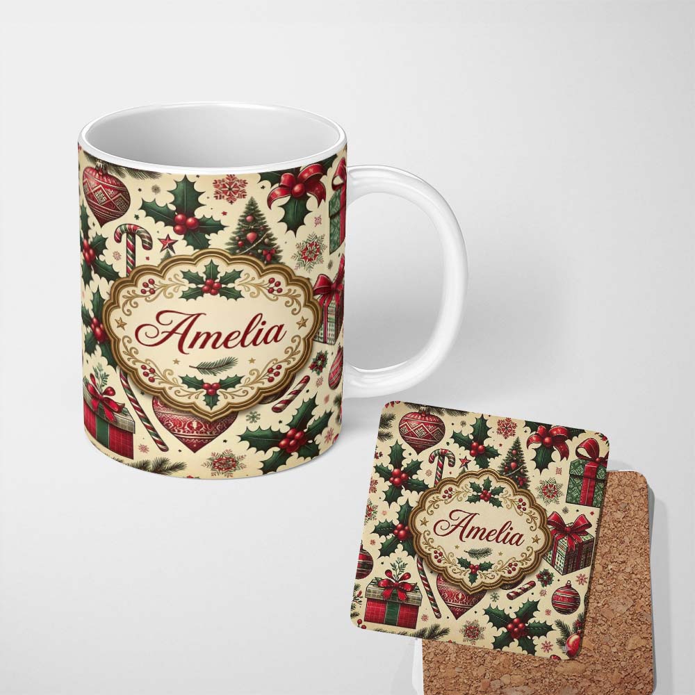 Personalized Custom Name Classic Christmas Trees Candy Canes Gifts and Holly Berry Elements 11oz Ceramic Coffee Tea Mug White Large Handle