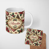 Personalized Custom Name Classic Christmas Trees Candy Canes Gifts and Holly Berry Elements 11oz Ceramic Coffee Tea Mug White Large Handle