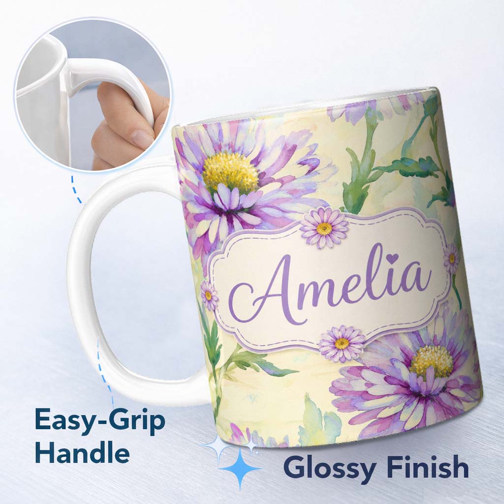 Personalized Custom Name Watercolor Purple Daisy Floral Seamless Pattern on Soft Cream Lovely 11oz Ceramic Coffee Tea Mug White Large Handle