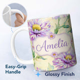 Personalized Custom Name Watercolor Purple Daisy Floral Seamless Pattern on Soft Cream Lovely 11oz Ceramic Coffee Tea Mug White Large Handle