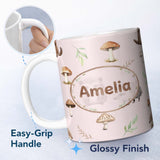 Personalized Custom Name Woodland Hedgehogs with Mushrooms Leaves Soft Pink Seamless Pattern 11oz Ceramic Coffee Tea Mug White Large Handle