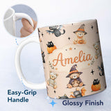 Personalized Custom Name Cute Halloween Teddy Bears Mummy Witch Cat Pumpkin Stars Beige 11oz Ceramic Coffee Tea Mug White Large Handle