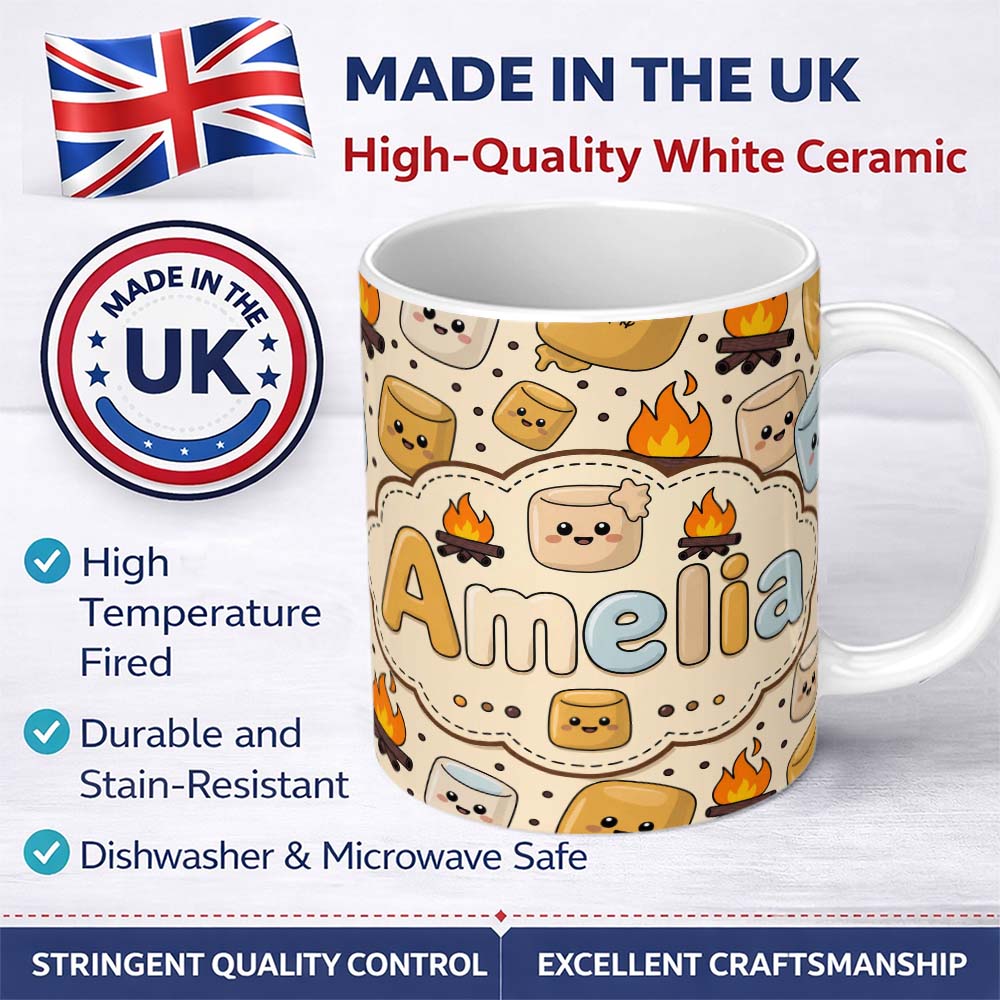 Personalized Custom Name Cute Marshmallows Campfire Smores Sweet Treat Seamless Pattern 11oz Ceramic Coffee Tea Mug White Large Handle