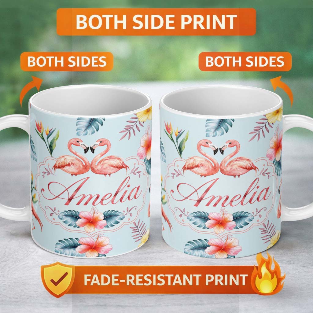 Personalized Custom Name Elegant Pink Flamingos Tropical Flowers on Blue Background Seamless 11oz Ceramic Coffee Tea Mug White Large Handle
