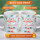 Personalized Custom Name Elegant Pink Flamingos Tropical Flowers on Blue Background Seamless 11oz Ceramic Coffee Tea Mug White Large Handle