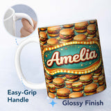 Personalized Custom Name Realistic Juicy Cheeseburger Dark Green Background Fast Food Design 11oz Ceramic Coffee Tea Mug White Large Handle