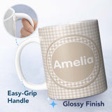 Personalized Custom Name Soft Beige Gingham Check Classic Seamless Pattern Cute Unique Gift 11oz Ceramic Coffee Tea Mug White Large Handle