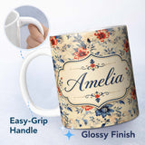 Personalized Custom Name Blue Red Botanical Floral Vintage Seamless Pattern Cute Unique Gift 11oz Ceramic Coffee Tea Mug White Large Handle