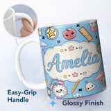 Personalized Custom Name Cute Kawaii School Supplies And Study Seamless Pattern Blue Lovely 11oz Ceramic Coffee Tea Mug White Large Handle