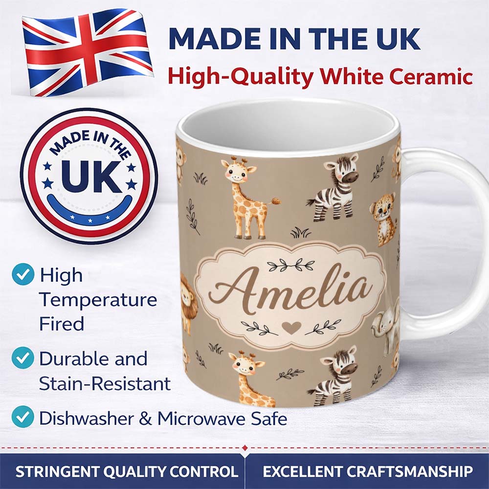 Personalized Custom Name Safari Animals with Elephant Lion and Leopard Cub on Warm Beige 11oz Ceramic Coffee Tea Mug White Large Handle