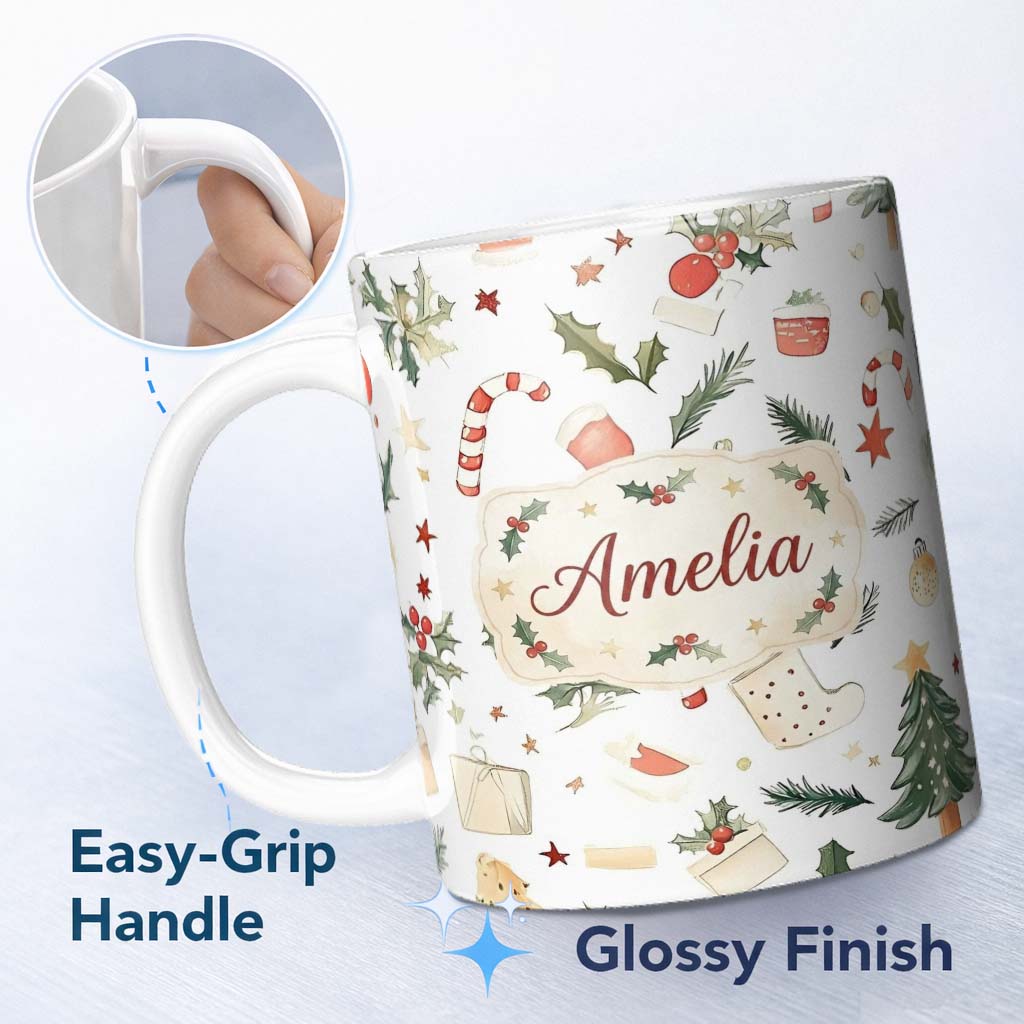 Personalized Custom Name Festive Holly Leaves Candy Cane Baubles Seamless Pattern Lovely 11oz Ceramic Coffee Tea Mug White Large Handle