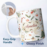 Personalized Custom Name Festive Holly Leaves Candy Cane Baubles Seamless Pattern Lovely 11oz Ceramic Coffee Tea Mug White Large Handle