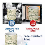 Personalized Custom Name Delicate White Floral Vine on Textured Beige Elegant Seamless Lovely 11oz Ceramic Coffee Tea Mug White Large Handle