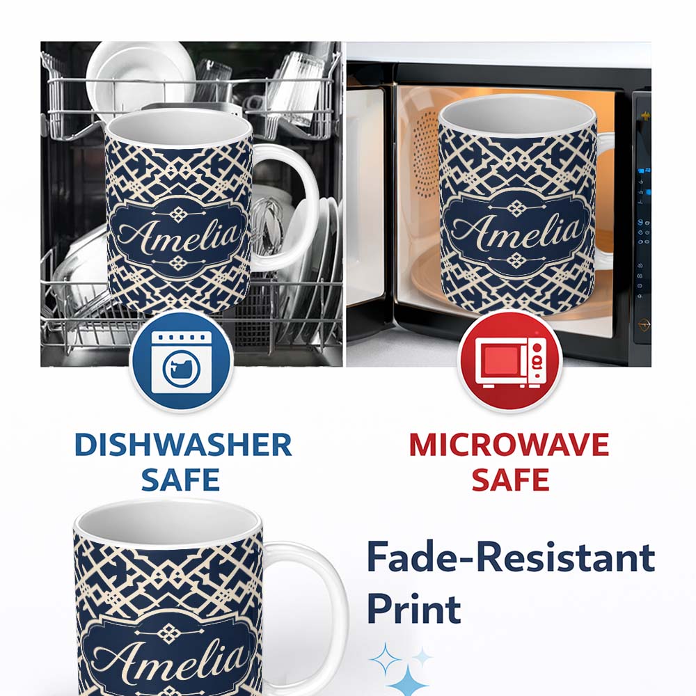 Personalized Custom Name Navy Blue Moroccan Geometric Lattice Elegant Seamless Pattern Lovely 11oz Ceramic Coffee Tea Mug White Large Handle