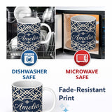 Personalized Custom Name Navy Blue Moroccan Geometric Lattice Elegant Seamless Pattern Lovely 11oz Ceramic Coffee Tea Mug White Large Handle