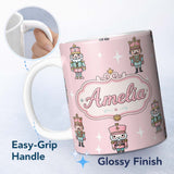 Personalized Custom Name Cute Nutcracker Soldiers Christmas Toy Characters Pattern Soft Pink 11oz Ceramic Coffee Tea Mug White Large Handle