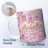 Personalized Custom Name Cute Kawaii Graduation School Science Art Supplies Pattern Pink 11oz Ceramic Coffee Tea Mug White Large Handle