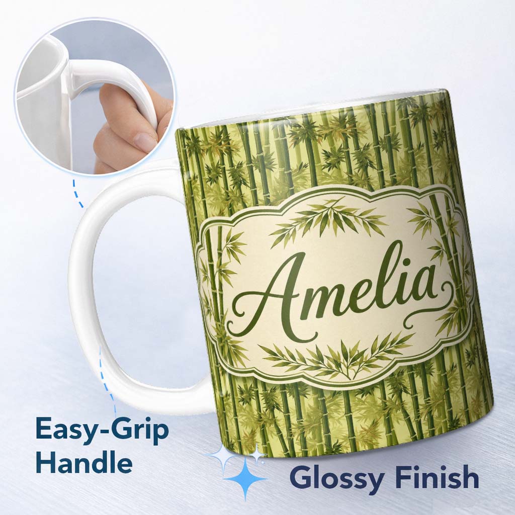 Personalized Custom Name Lush Bamboo Forest with Layered Leaves Natural Seamless Pattern 11oz Ceramic Coffee Tea Mug White Large Handle
