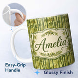 Personalized Custom Name Lush Bamboo Forest with Layered Leaves Natural Seamless Pattern 11oz Ceramic Coffee Tea Mug White Large Handle