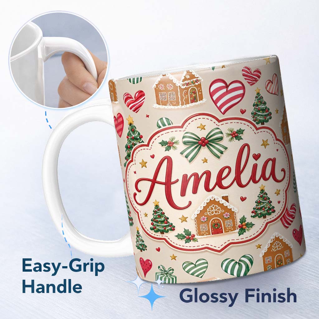 Personalized Custom Name Cute Christmas Gingerbread Houses Hearts Trees Seamless Pattern 11oz Ceramic Coffee Tea Mug White Large Handle