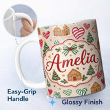 Personalized Custom Name Cute Christmas Gingerbread Houses Hearts Trees Seamless Pattern 11oz Ceramic Coffee Tea Mug White Large Handle