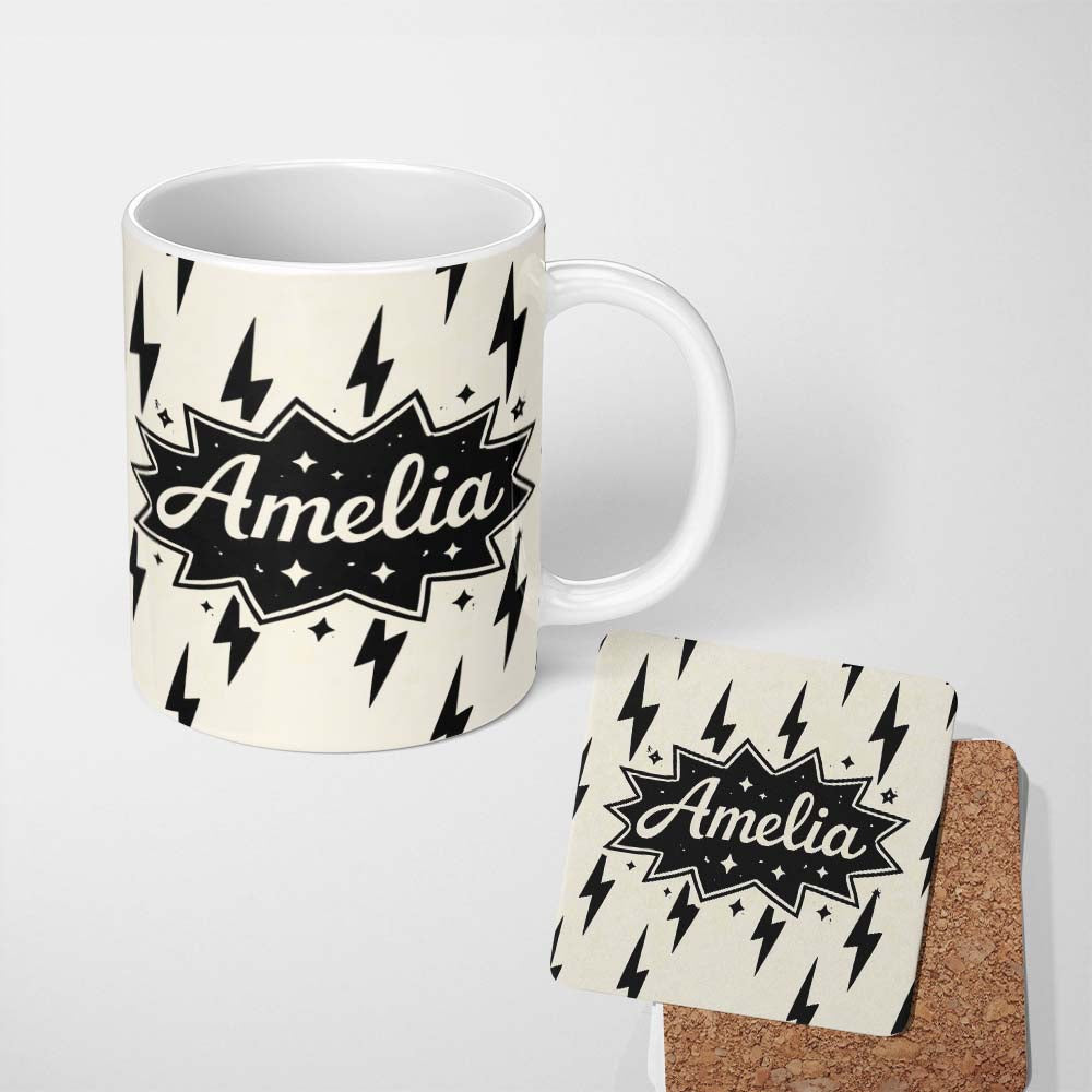 Personalized Custom Name Minimal Lightning Bolt Black Cream Modern Graphic Pattern Lovely 11oz Ceramic Coffee Tea Mug White Large Handle