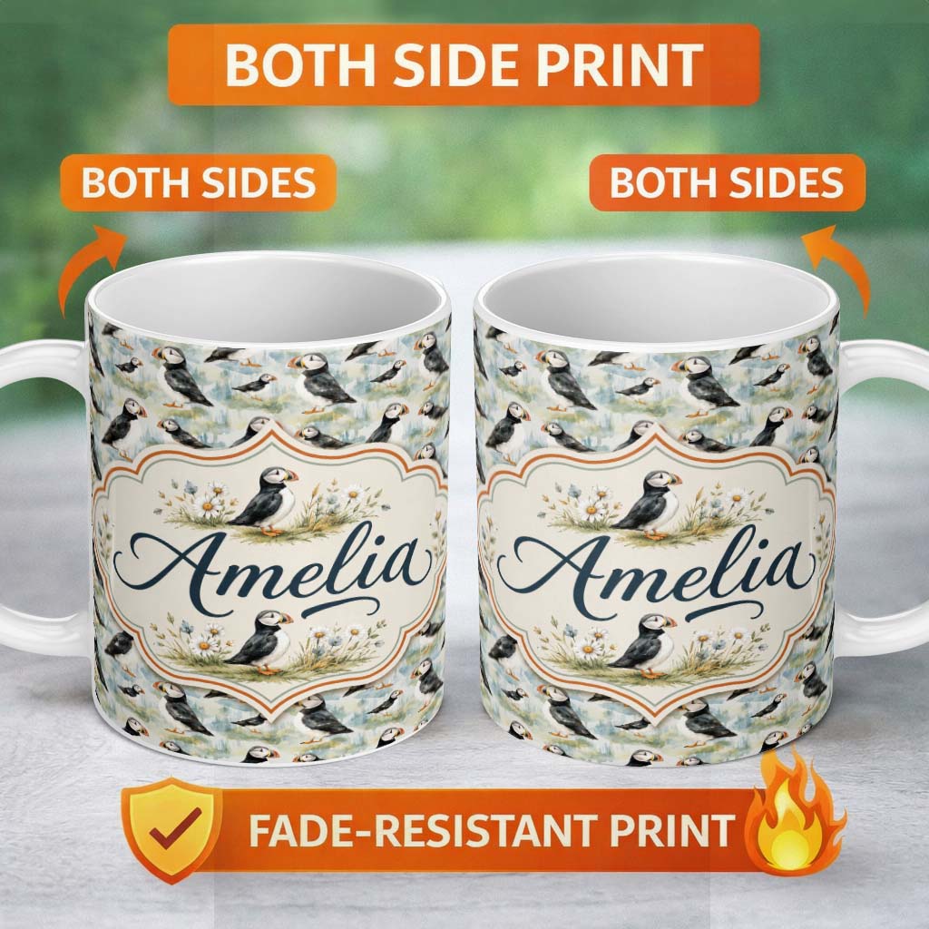 Personalized Custom Name Cute Puffin Birds Watercolor Seamless Pattern Coastal Nature Lovely 11oz Ceramic Coffee Tea Mug White Large Handle