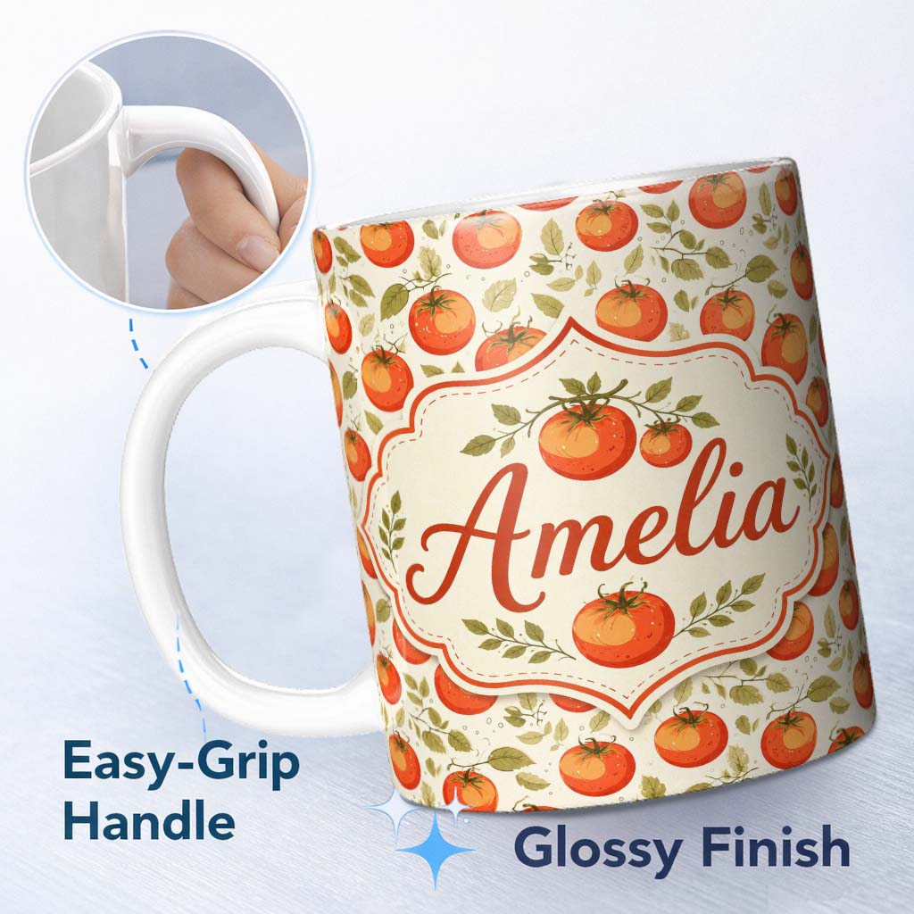 Personalized Custom Name Fresh Tomato Vine Botanical Pattern on Cream Background Garden Style 11oz Ceramic Coffee Tea Mug White Large Handle
