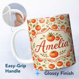 Personalized Custom Name Fresh Tomato Vine Botanical Pattern on Cream Background Garden Style 11oz Ceramic Coffee Tea Mug White Large Handle