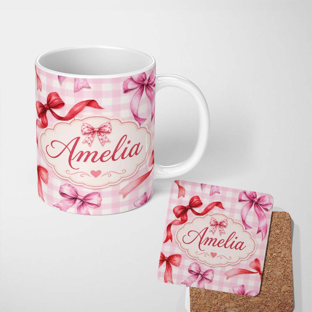 Personalized Custom Name Watercolor Ribbon Bow Seamless Pattern on Blush Gingham Background 11oz Ceramic Coffee Tea Mug White Large Handle