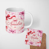 Personalized Custom Name Watercolor Ribbon Bow Seamless Pattern on Blush Gingham Background 11oz Ceramic Coffee Tea Mug White Large Handle