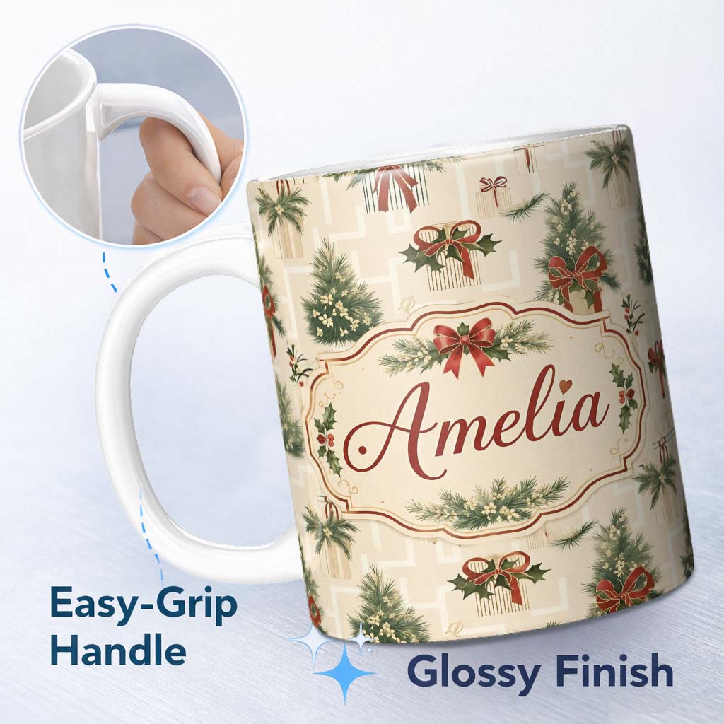Personalized Custom Name Elegant Christmas Gift Boxes Pine Branch Red Bow Seamless Pattern 11oz Ceramic Coffee Tea Mug White Large Handle